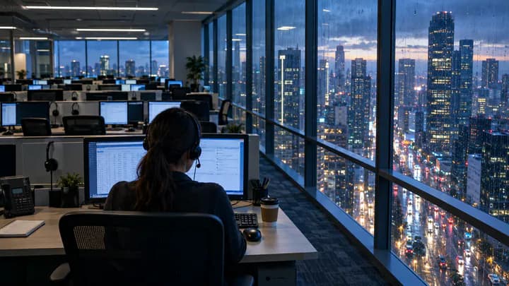 A supervisor sits alone at a glowing monitor on a pre-dawn call-centre floor while rain streaks the tall windows over a city skyline.