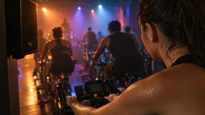 A rider in a dim spin studio wearing small earplugs, with a large speaker in the foreground