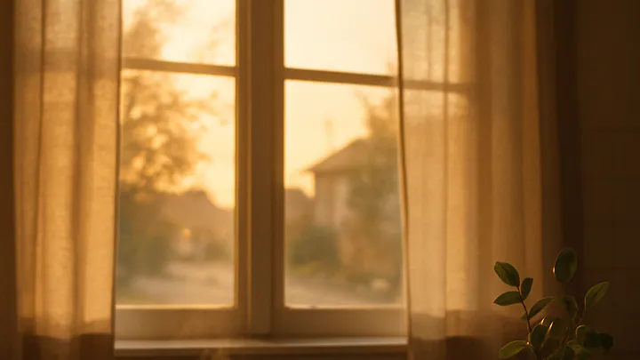 Sunlit kitchen table at dawn with a steaming mug, open notebook, and small plant beside a window overlooking a quiet street.