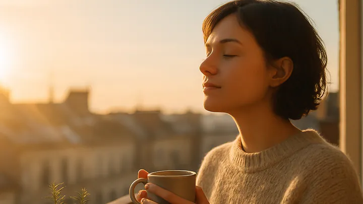 A person in a warm sweater standing on a balcony at sunrise, holding a mug and facing the soft golden morning light.
