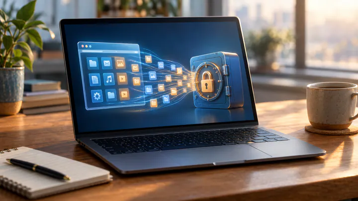 Laptop on a desk with glowing key icons moving from a browser window into a padlocked vault, illustrating a password transfer