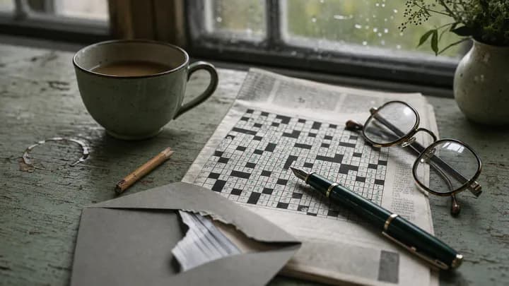 A half-solved newspaper crossword on a kitchen table beside green ink pen, glasses, a teacup and an opened envelope