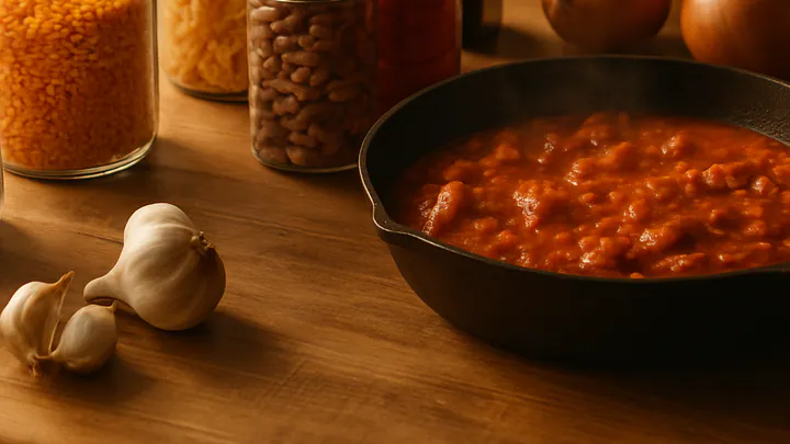 Overhead view of a wooden kitchen counter with jars of grains and beans, canned tomatoes, olive oil, garlic, and a simmering pan of stew.