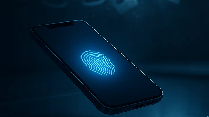 A smartphone glowing with a blue fingerprint icon while broken padlocks dissolve into light particles in the background.
