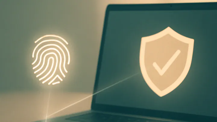 A smartphone and laptop on a desk connected by a glowing fingerprint icon and a shield, symbolizing passwordless passkey login.