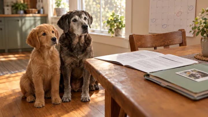 A puppy and an older dog sit beside a table with an open insurance policy, a calendar with circled dates and a folder of vet records