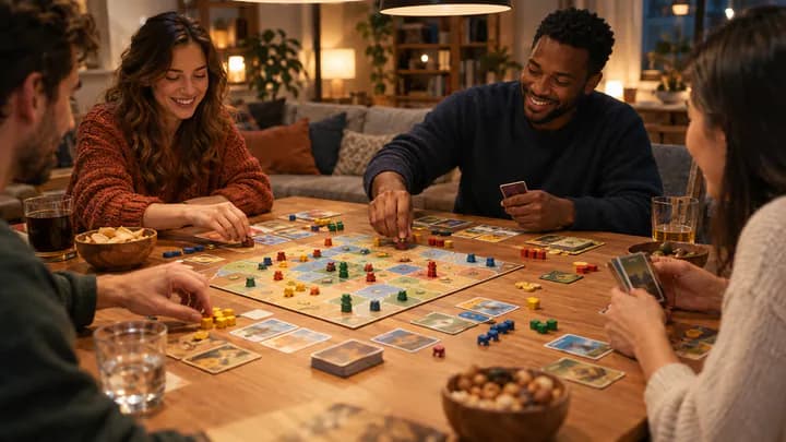 A wooden table covered with colorful tiles, cards and wooden tokens from several board games as players reach in during an evening game night