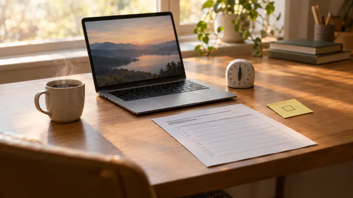 A tidy desk with an open laptop, a single paper form, a blank sticky note, a kitchen timer and a cup of coffee in morning light
