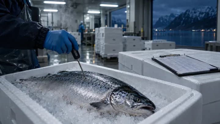 A gloved hand probing a salmon on ice in an open fish box inside a cold processing hall at night