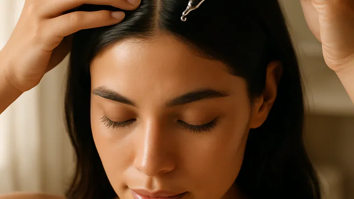Close-up of a woman parting her hair to apply a clear scalp serum with a glass dropper in soft natural light.