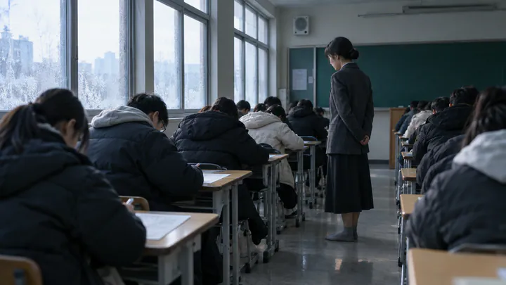 A teacher stands in socks in the aisle of a cold Korean classroom as students in winter coats take an exam beneath a wall speaker.