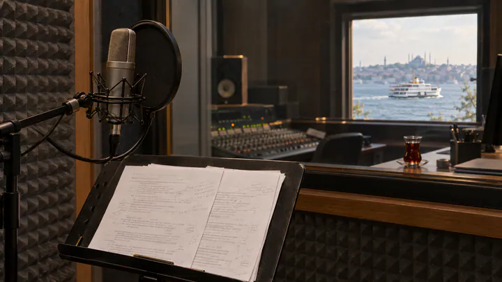 A small dubbing booth with foam walls, a microphone and an annotated script, a glass of tea on the mixing desk and a ferry visible through a window.