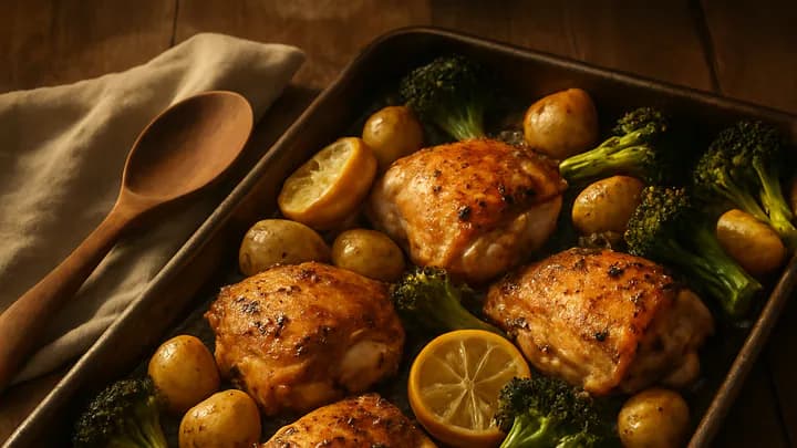 Overhead view of a sheet pan with roasted chicken thighs, potatoes, broccoli, and lemon slices on a wooden kitchen table.