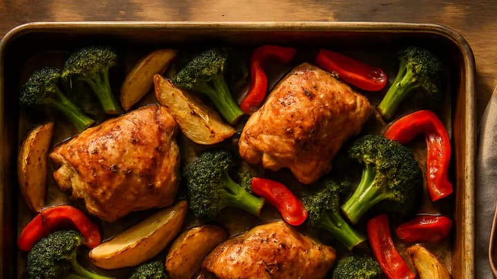 Overhead view of a sheet pan filled with roasted chicken thighs, potato wedges, broccoli, and bell peppers on a wooden kitchen counter.