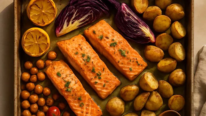 Overhead view of a sheet pan filled with roasted salmon, potatoes, cherry tomatoes, purple cabbage, chickpeas, and lemon halves on a light surface.
