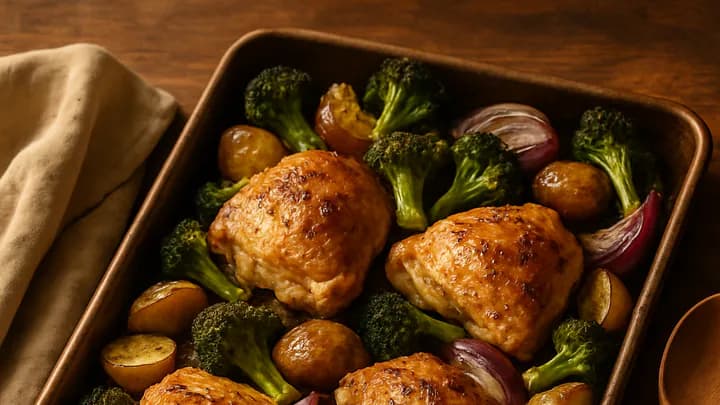 Overhead view of a sheet pan with roasted chicken thighs, broccoli, baby potatoes, and red onion on a wooden kitchen table.