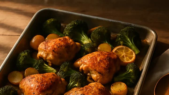 Overhead view of a sheet pan with roasted chicken thighs, broccoli, baby potatoes, and lemon slices on a wooden kitchen table.