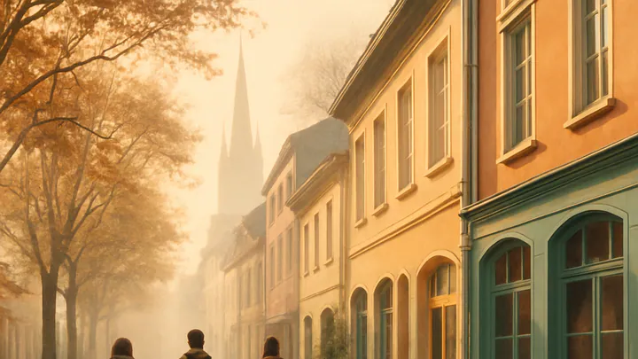 A nearly empty cobblestone European street in early autumn morning light, with a few unhurried travelers walking past pastel cafés.