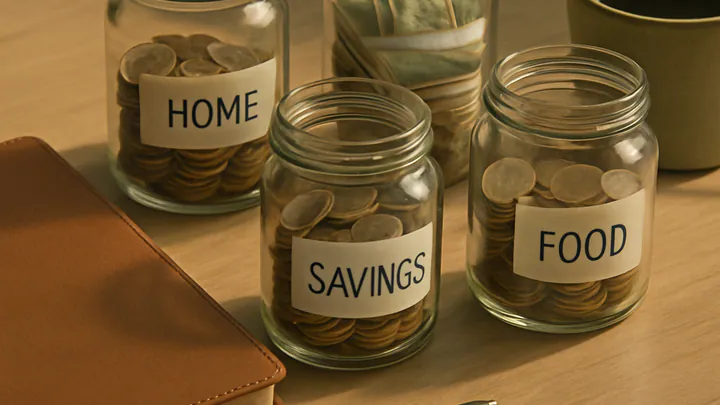 Overhead view of labeled glass jars filled with coins and banknotes on a wooden desk beside a notebook and coffee cup, lit by soft morning light.