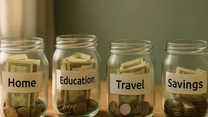 Several labeled glass jars filled with cash and coins on a tidy wooden desk beside a notebook and calculator in soft morning light.