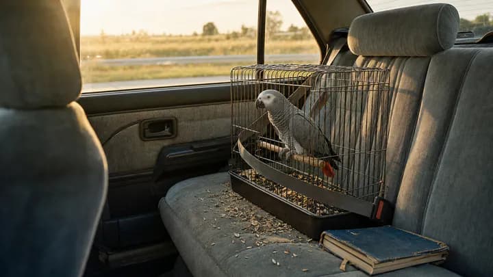 A grey parrot in a wire travel cage belted into the back seat of an old car, beside a worn blue notebook, with a highway blurred outside.