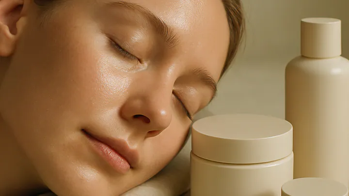 Close-up of a woman with calm bare skin resting on soft linen beside minimalist unbranded skincare jars in soft natural light.
