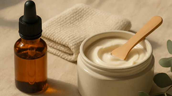 Overhead flat lay of skincare items on beige linen: amber serum dropper, ceramic cream jar, folded cotton cloth, eucalyptus sprig, and a smooth stone in soft morning light.