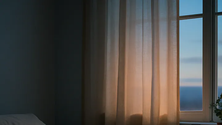 An unmade bed in a calm bedroom at dawn, with soft light through linen curtains and an analog clock on the bedside table.