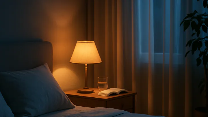 A softly lit minimalist bedroom at night with a neatly made bed, nightstand lamp, book, and moonlight filtering through sheer curtains.