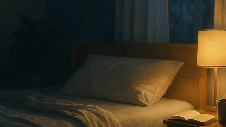 A calm, warmly lit bedroom at night with turned-back linen sheets, a bedside lamp, a mug, and a book, suggesting a restful pre-sleep routine.