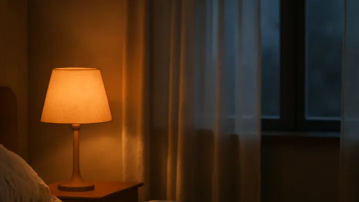 A softly lit bedside table with a warm lamp, open paperback book, ceramic mug, and linen bedding in a calm bedroom at dusk.