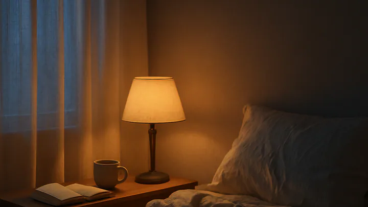 A softly lit bedroom at dusk with linen curtains, an unmade bed, a mug and open book on a wooden nightstand, and a warm bedside lamp.