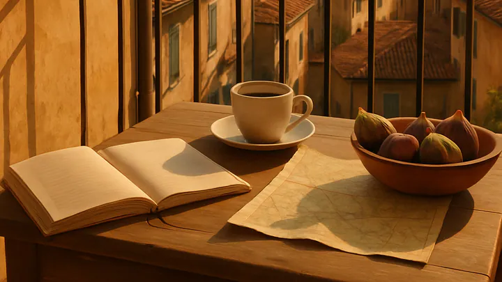 Sunlit balcony table with coffee, notebook, and figs overlooking terracotta rooftops in a Mediterranean old town at golden hour.