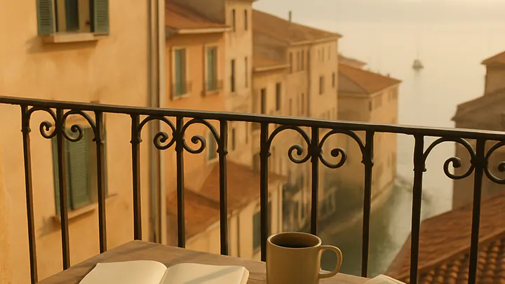 Sunlit balcony table with coffee, notebook, and bread overlooking terracotta rooftops and a calm Mediterranean harbor at golden hour.