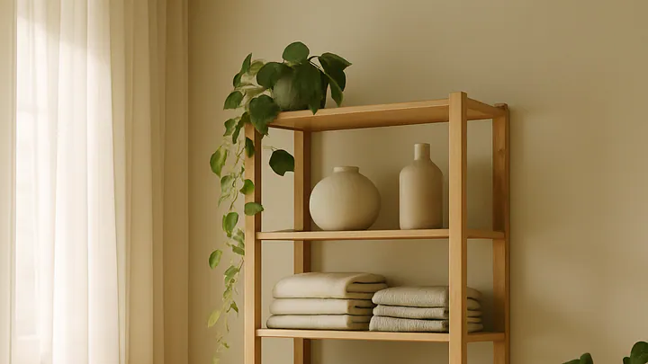 Tall wooden shelving unit with woven baskets, folded textiles, and houseplants in a sunlit, neutral-toned small apartment corner.