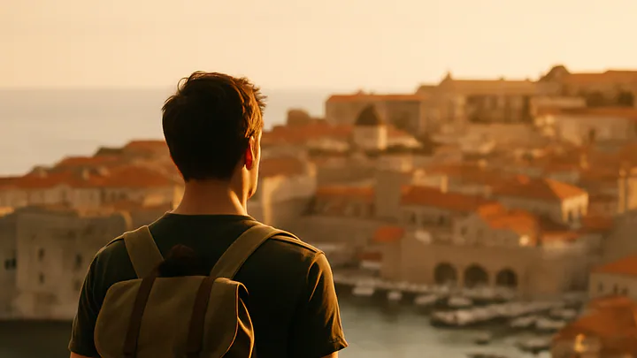 A solo traveler with a small backpack looking out over a coastal old town and harbor at golden hour.