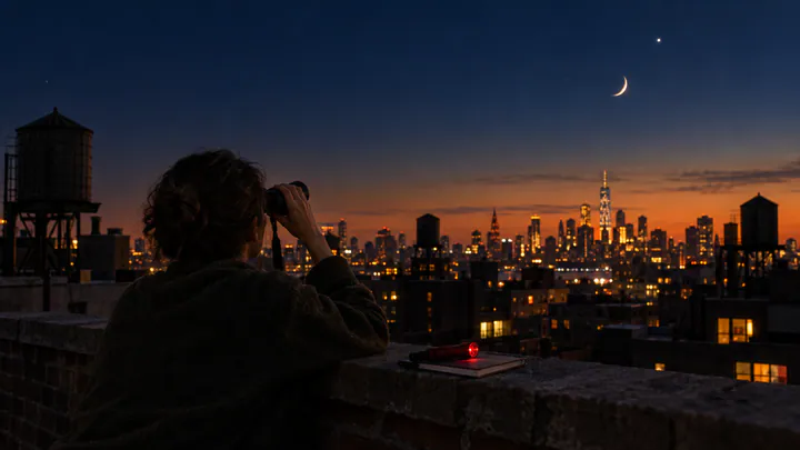 A person on a city rooftop at night braces binoculars on a brick wall, looking at a crescent Moon and a bright planet above a glowing skyline.