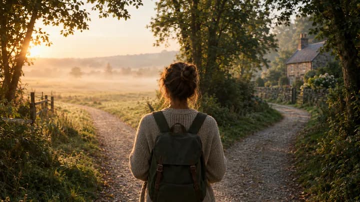 A person standing at a fork in a misty path, one trail leading to a sunny field and the other to a stone cottage