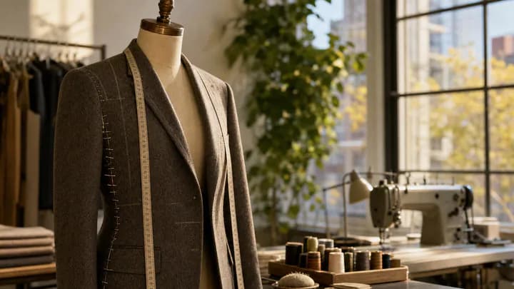 A wool blazer on a dress form marked with tailor's chalk and pins, with a measuring tape and thread spools in a sunlit alterations studio.