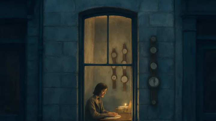 A woman at a wooden desk beside a tall window writes in an open ledger while a soft breeze lifts the page in a lamplit office.