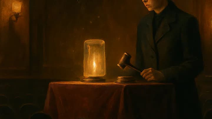 An auctioneer stands behind a velvet podium in a dim wood-paneled hall, a single glowing glass cylinder beside her gavel.