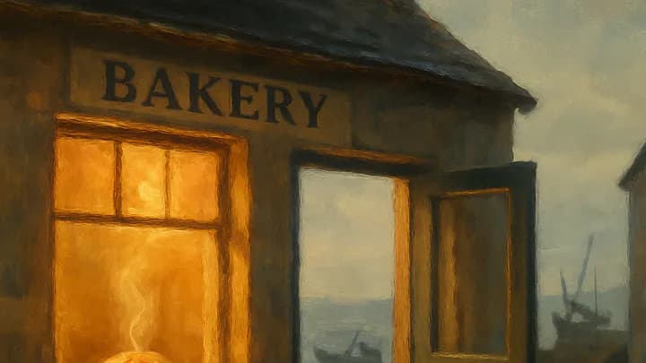 A warm bakery window at dawn with a steaming round loaf on a marble counter, the grey sea and tilted boats visible through the open door.