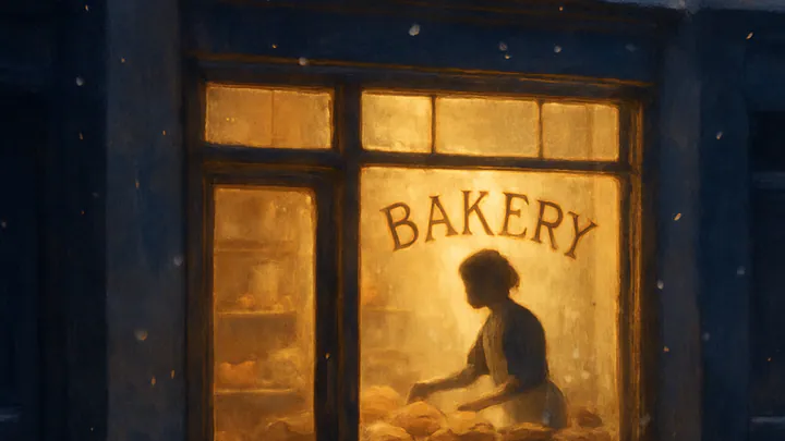 A softly glowing bakery window on a snowy street at dusk, with the silhouette of a baker arranging pastries inside.