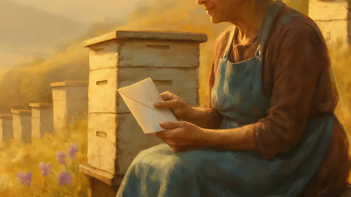 An older woman in a blue apron holds a white envelope against a weathered beehive on a sunlit hillside of clover and lavender at golden hour.