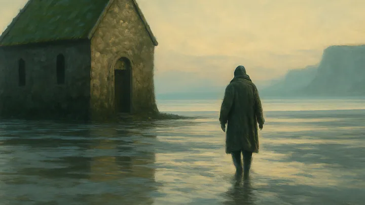 A lone figure walks across tidal flats at dawn toward a small stone chapel with a leaning steeple, sea-green weed on its roof and soft gold light on the horizon.