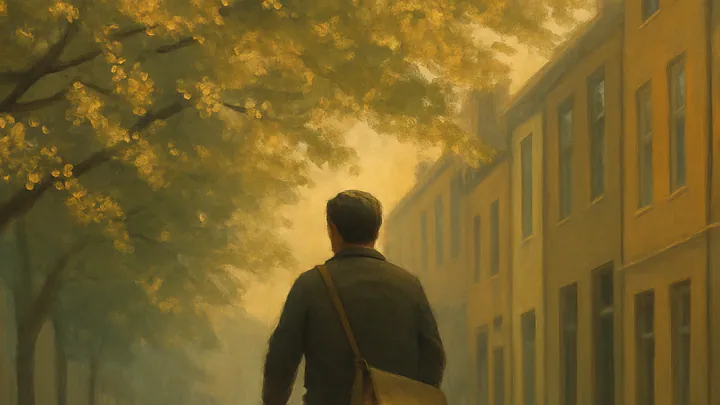 A bicycle courier rides beneath blooming linden trees on a quiet street, a satchel at their hip glowing faintly with warm golden light.