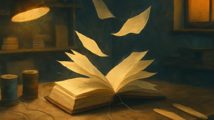 A half-bound book on a lamplit workbench with loose pages drifting upward in a quiet evening workshop.