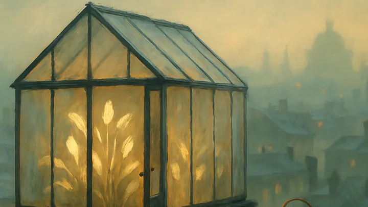 A softly glowing glass greenhouse on a city rooftop at dusk, filled with tall luminous plants seen through fogged panes.