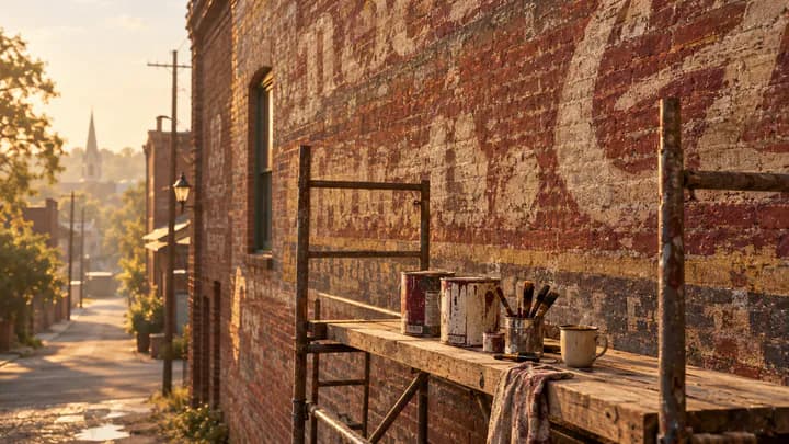 A weathered brick wall with overlapping faded painted lettering, a wooden scaffold, paint cans, and brushes in warm morning light
