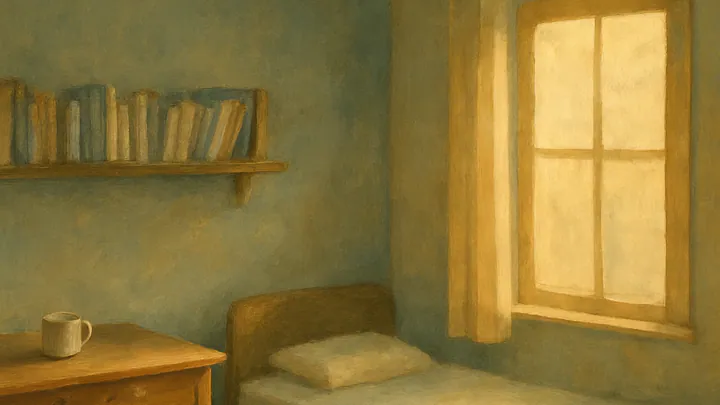 Illustration of a small sunlit rented room with a bed by the window, a desk, and a shelf of books arranged by height.